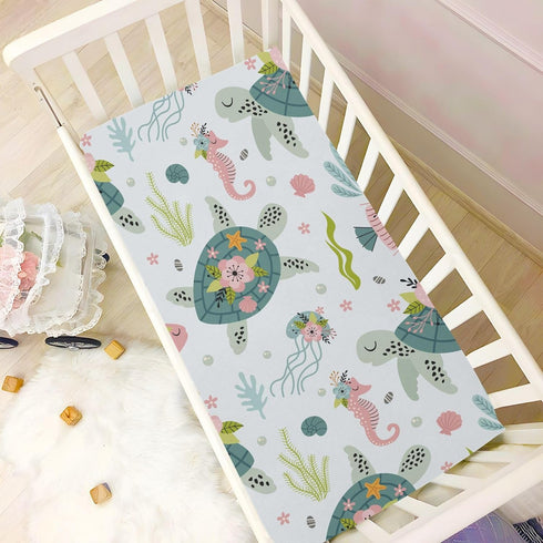 Fitted Crib Sheets Turtle Sea Horse Stretchy Portable Playard Sheets for Baby Toddler, Breathable Soft Mini Crib Mattress 39 x 27 in for Boys and ...