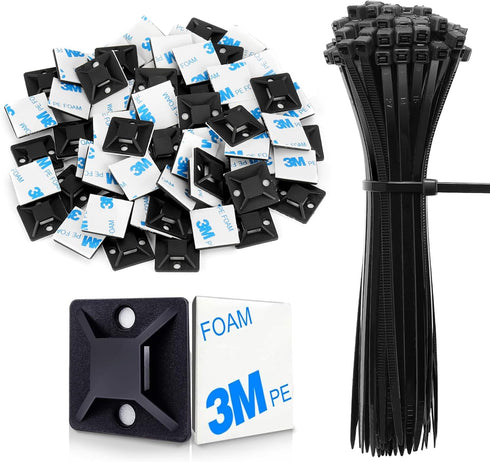 50 Sets Cable Zip Tie Mounts Kit with Self Adhesive 3/4" Wire Holder Squares, Black 6" Zip Ties,Sticky Cable Clips and Fasteners for Management an...