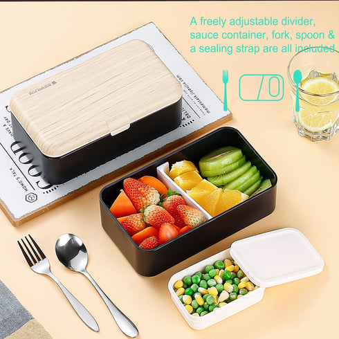 Original Bento Box Lunch Box Japanese Style 2 Layer Food Containers with Utensils Spoon and Fork Bundle Divider Salad Box for Men Women (Black)...