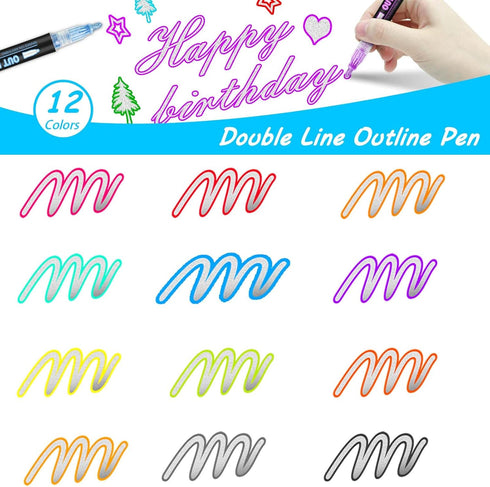 Outline Markers Self-outline Metallic Markers, 12 Colors Double Line Outline Markers, Super Squiggles Shimmer Outline Glitter Pen Set for Christma...
