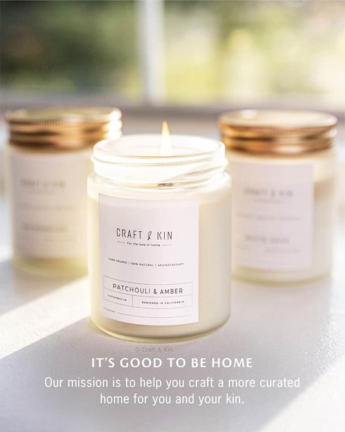 Craft & Kin Patchouli & Amber Scented Candle | 8 Oz 45 Hour Long Lasting | Classic Soy Spring Scented Candles Wood Wick | Made with Natural Soy | ...
