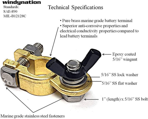 WindyNation 1 Pair Brass Marine Grade Battery Terminal Top Post for Boat Car RV (Military Spec. B-12128C)...