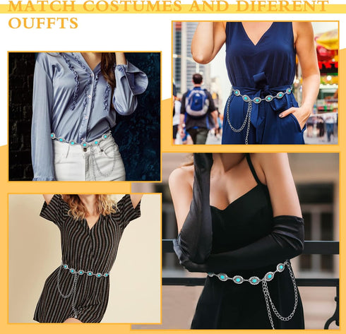Concho Chain Waist Belts for Women, Turquoise Western Metal Belt Adjustable Cowgirl Belt with Buckle for Jeans Dresses...