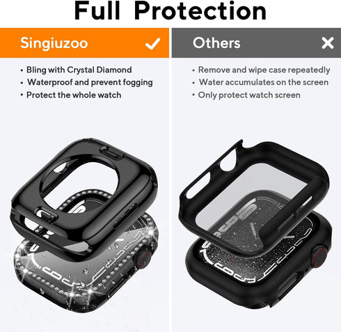 2 in 1 Bling Waterproof Case for Apple watch Series 8 7 45mm, 360 Protective PC Cover Front & Back Bumper with Tempered Glass Screen Protector, Cr...