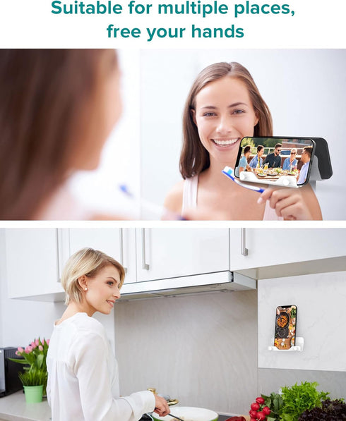 HomeMount Hands Free Wall Mount Phone Holder with Adhesive Strip for Bedroom Living Room Kitchen Compatible with All Phone or Mini ipad White......