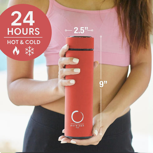 Pure Zen Tea Thermos with Infuser for Hot and Cold Infusions - Stainless Steel - Tea Infuser Bottle - Leakproof Travel Mug with Filter - 15oz - Re...