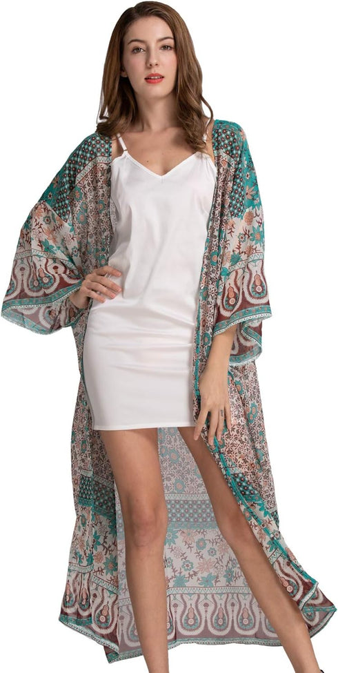 Zoye Chen Women's Loose Kimono Cardigan Floral Print Long Sleeve Cover Up Beach Coverups Bathing Suit for Women...