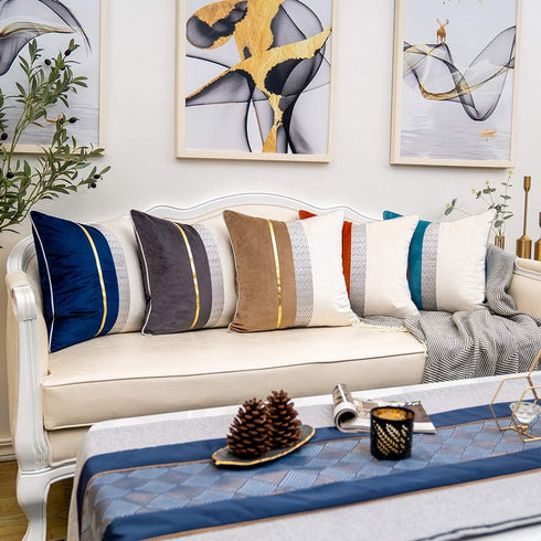 Yangest Burnt Orange Patchwork Velvet Throw Pillow Cover with Gold Striped Leather Cushion Case Modern Luxury Pillowcase for Sofa Couch Bedroom Li...