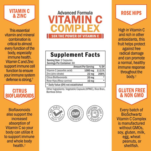 Vitamin C Complex Supplement - Vitamin C 1000mg Capsules with Rose HIPS Zinc and Citrus Bioflavonoids (60 Day Supply) - Supports Immune Health, Ce...
