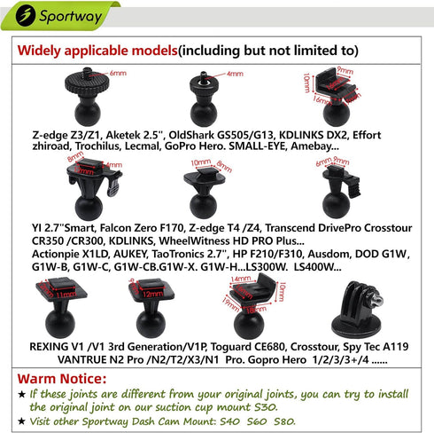 S30 Dash Cam Suction Mount (2nd Gen) with 10pcs Joints for REXING,Z-Edge,Old Shark,YI,KDLINKS,Falcon Zero,Transcend,Crosstour,VANTRUE,GoPro Hero a...