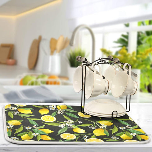 ALAZA Yellow Lemon on Black Dish Drying Mat for Kitchen Counter Absorbent Microfiber Large Drying Pad Dish mats for Kitchen Countertops 18 x 24 In...
