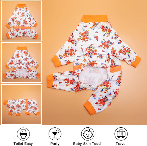 LovinPet Pets Outfit, Post Operative Jumpsuit for Dogs Apparel, Reflective Strap Full Coverage Dog Onesie, Elastic Blooming White, Green, Red Prin...