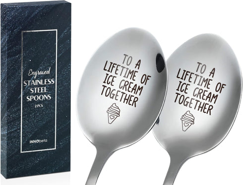 Engraved Ice Cream Spoons, Gifts for Couple, 2 Pcs Stainless Steel Coffee Spoon, To a Lifetime of Ice Cream Together...