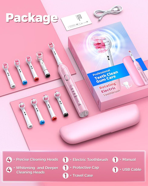 Rotating Electric Toothbrush with Travel Case for Adults Pink, 8 Brush Heads (2 Types) 4 Modes Deep Clean Electric Toothbrush with 25-Days Recharg...