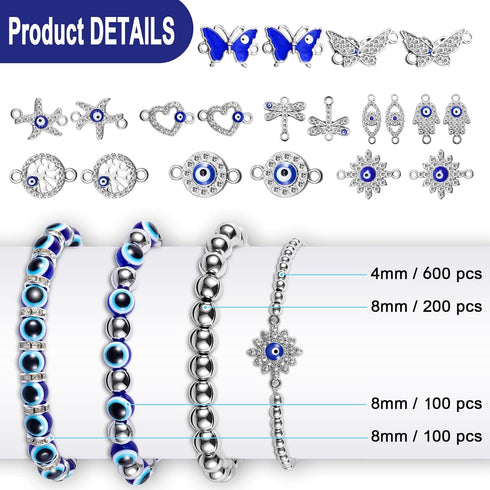 1020 Pieces Evil Eye Beads Kits, 20 Evil Eye Rhinestone Charms 100 Blue Evil Eye Beads 100 Rondelle Spacer Beads 600 4mm and 200 8mm Round Beads f...