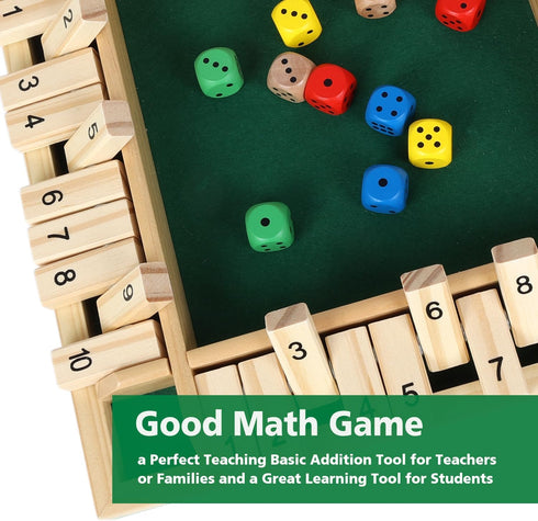 Shut The Box Dice Game with 8pcs Dices 12 inch Traditional Wooden Table Math Board Game 10 Numbers for Kids Adults, Family Classroom Home or Pub B...