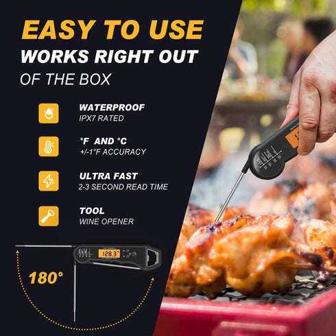 Waterproof Instant Read Digital Meat Thermometer for Cooking and Grilling, Food Thermometer with Backlight, Magnet, Calibration, and Foldable Prob...