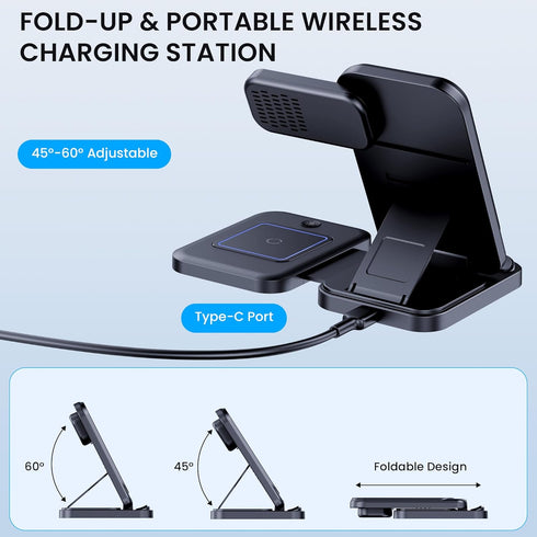 Wireless Charging Station, 3 in 1 Wireless Charger Stand, Foldable Wireless Charging Dock for iPhone14/13/12/11/Pro/Max/XS, Fast Charging Dock for...