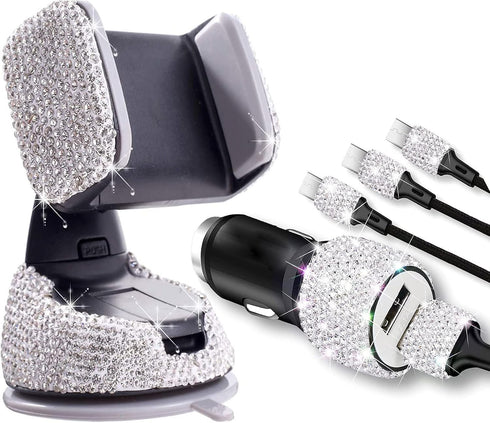 3 Pack Bling Rhinestones Cell Phone Set (Car Phone Mount Holder Car Charger Charging Cable) for iPhone iPad Android Bling Accessories for Women Gi...