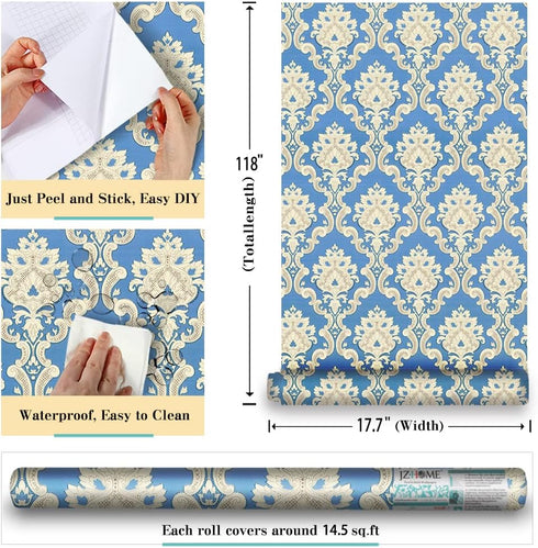 039 Peel and Stick Damask Wallpaper 17.7in×9.8ft Blue/Beige Removable Contact Paper Self Adhesive Vinyl Film for Drawer Furniture Renovation and H...