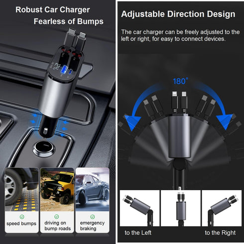 Retractable Car Charger Fast Charging - 66W 4-in-1 USB C Car Phone Charger Cigarette Lighter Adapter Car Charger Compatible with iPhone 15 14 13 1...