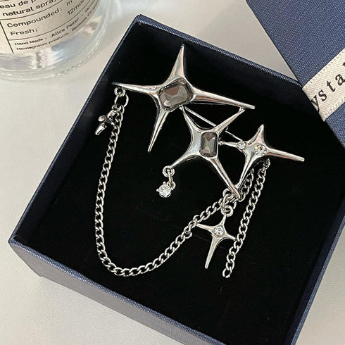 Punk Silver Star Moon Tassel Chain Brooch Collar Pins,Vintage Safety Cubic Zirconia Crystal Chain Tassel Brooch,Brooch Pins Shawl Clips for Women ...