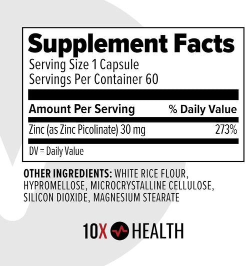 10X Health Zinc Picolinate - Contains Zinc 30mg for DNA & Protein Synthesis, Overall Wellness & Immune Support Supplement - Zinc Supplements - 60 ...