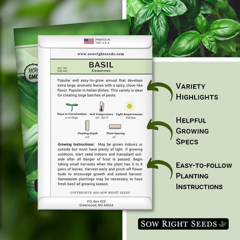 Sow Right Seeds - Genovese Sweet Basil Seed for Planting - Non-GMO Heirloom Packet with Instructions to Plant and Grow a Kitchen Herb Garden - Ind...