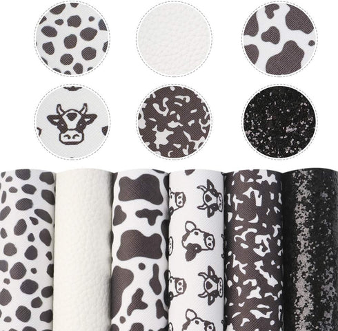 6pcs 7.7" x 12.9" (20 cm x 33 cm) Black White Series Cow Pattern Faux Leather Sheet Synthetic Leather Sheets Assorted for Earrings Hair Bows Makin...