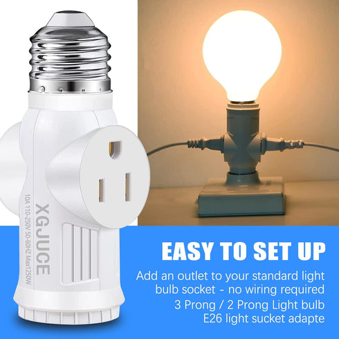 3 Prong Light Socket to Plug Adapter,E26 Outdoor Light with Outlet,E27 Light Bulb to 2/3 Prong Outlet Plug Splitter Converter for Garage Porch CCT...