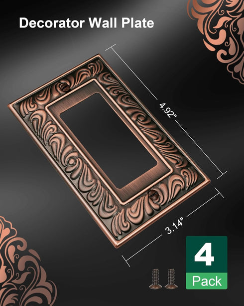 4-Pack Decorator Outlet Cover Plate, Paisley Pattern Decorative Switch Plates and Outlet Covers, Antique Copper Metal Wall Plate for Electrical Ou...