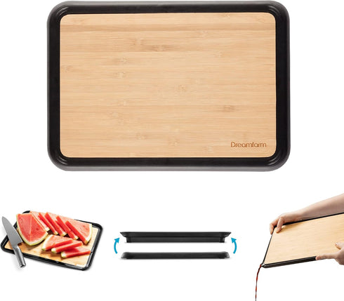 Dreamfarm Fledge Bamboo Dishwasher-Safe, Double-Sided Cutting Board with Non-Slip, Juice-Catching Flip-Up Silicone Edges - 10"x7", Bamboo...