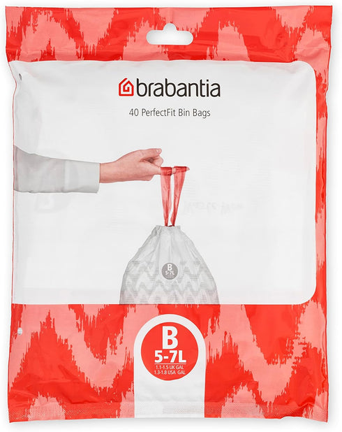 Brabantia PerfectFit Trash Bags (Size B/1.3 Gal) Thick Plastic Trash Can Liners with Drawstring Handles (40 Bags)...