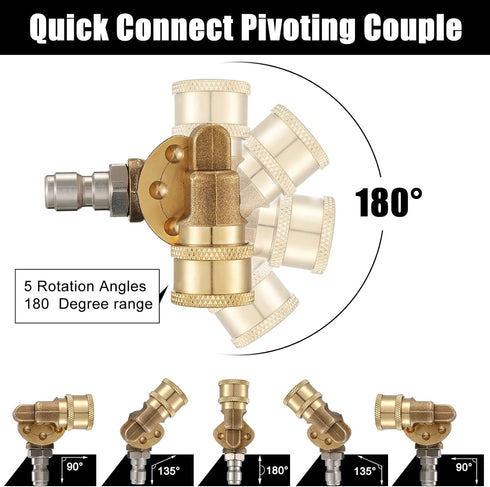 2 Pcs Pressure Washer Nozzle and Pivoting Coupler Kit 6 in 1 Quick Changeover Pivot Adapter Coupler with 5 Rotation Angles 1/4 Inch Quick Changeov...