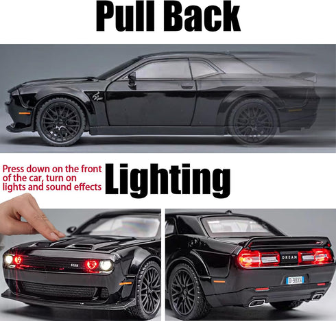 Toy Car Model 1/32 Dodge Challenger Hellcat Alloy Model Car with Light and Sound Collectible Model Cars Pull Back Toy Vehicles for Boys Children A...