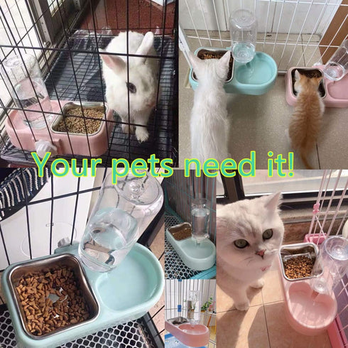 Cage Dual Bowl, Crate Hanging Double Dog Cat Bowls, Pet Water and Food Bowl Set with Automatic Water Dispenser Bottle Detachable Stainless Steel B...