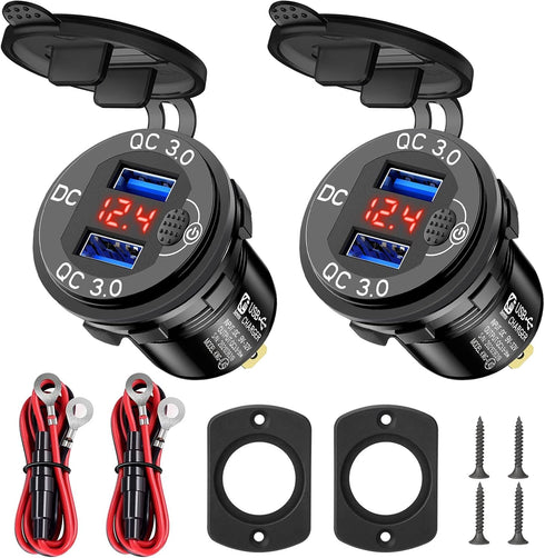 12V USB Outlet, 2pcs Quick Charge 3.0 Dual USB Car Charger, Cigarette Lighter Socket with Voltmeter, Waterproof Car Charger Adapter Fast Charge, C...