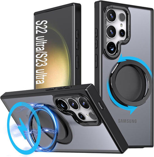 Magnetic Ring Case for Samsung Galaxy S22 Ultra/S23 Ultra, Shockproof Protection, 360° Rotatable Ring Stand, Compatible with MagSafe, Black...