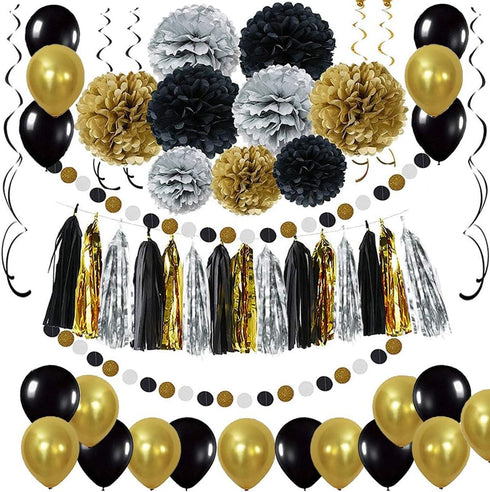 Black and Gold Party Decorations - DIY Tissue Paper Pom Poms Flowers, Tassel, Balloons, Hanging Swirl, Paper Circle Garland for Graduation and Ret...