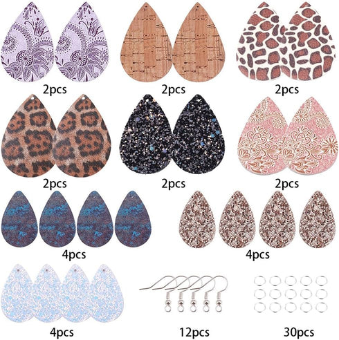 SUNNYCLUE 66Pcs DIY Make 6 Pairs Faux Leather Charms Double Layered Teardrop Drop Charm Dangle Bohemian Earring Making Starter Kit Leopard Print B...