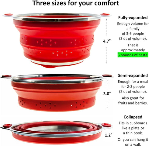 Collapsible Colander and Funnel - Stainless Steel Meets Red Silicone. RV Accessories for Inside, Camper Organization and Storage Idea, Motorhome, ...