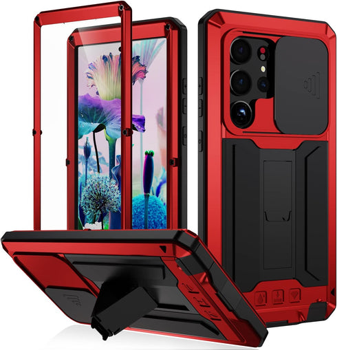 Samsung Galaxy S23 Ultra 5G Case,Outdoor Aluminum Metal Gorilla Glass Shockproof Military Heavy Duty Sturdy Protector Cover Hard Case (Red)...