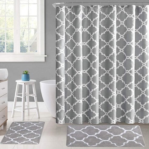 WELTRXE Moroccan Fabric Shower Curtain with Hooks, Waterproof Polyester Geometric Pattern Bathroom Curtains, Machine Washable, 72 x 72 inches, Gra...