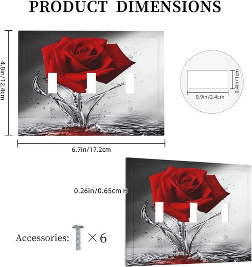 Rose 3 Gang Triple Toggle Light Switch Wall Plate Cover Romantic Floral Blossom Red Rose Reflection on Water Decorative Electrical Faceplate Black...