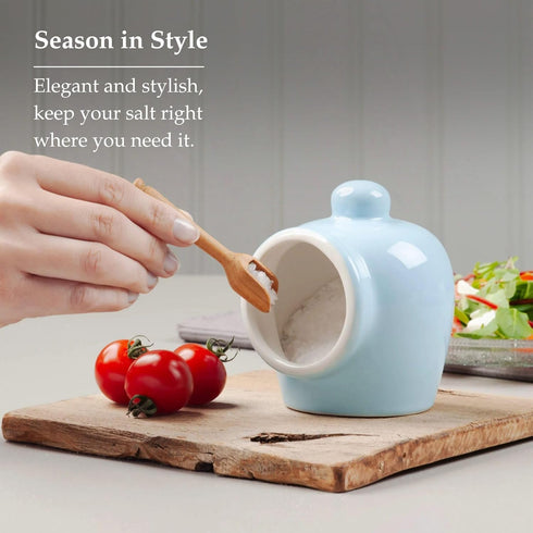 Wm Bartleet & Sons Traditional Porcelain Small Salt Pig with Wooden Salt Serving Spoon - Blue...