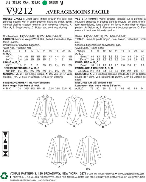 Vogue Patterns Seamed and Collared Jacket Sewing Pattern for Women, Sizes 14-22...