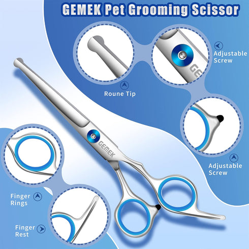 GEMEK Professional Grooming Scissors for Dogs with Safety Round Tips, Dog Grooming Scissors Set - Thinning, Straight, Curved Shears and Comb for L...
