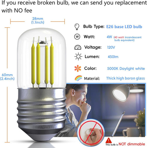LED Refrigerator Light Bulb 40W Equivalent Fridge Light Bulb 4W Appliance Bulb E26 5000k Daylight White Replacement for Freezer, Frigidaire 450lum...