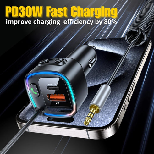 Bluetooth 5.4 Car Adapter Aux, Wireless Transmitter for Car with 3.5mm Auxiliary, Dual USB C and USB A Charging Ports, Hands-Free Calling, Support...