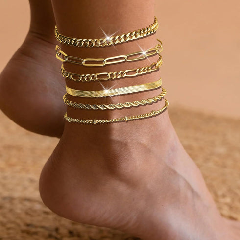 Gold Ankle Bracelets for Women Waterproof 14K Gold Plated Anklets Layered Cuban Link Chain Herringbone Cute Anklets Set Pack Dainty Summer Beach J...